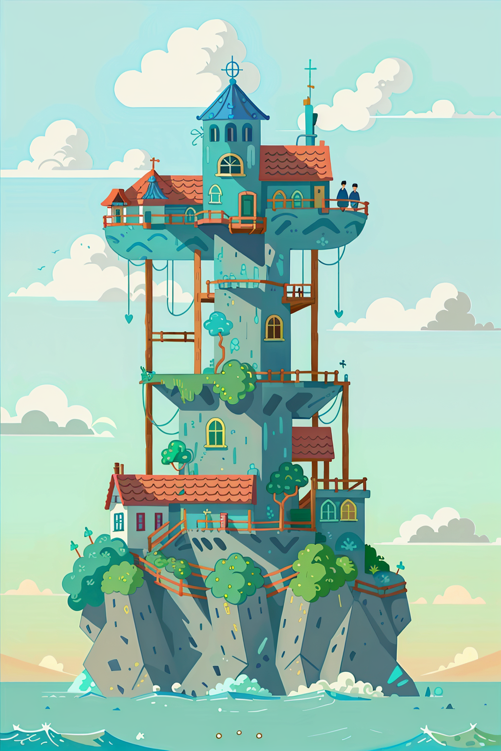 05232-3969255368-tree,no humans,cloud,sky,outdoors,house,day,smile,blue sky,aqua background,Rich colors, white clouds，_aqichahua,illustration,fla.png